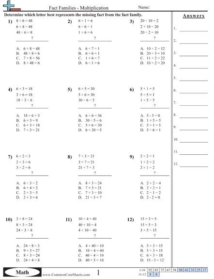 3.oa.4 Worksheets - Find Missing Fact (Multiple Choice) worksheet